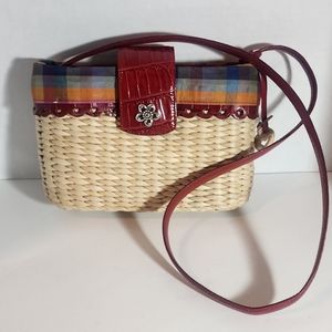 BRIGHTON STRAW WEAVE MADRAS PRINT RED LEATHER CROC SHOULDER BAG HEART DESIGN